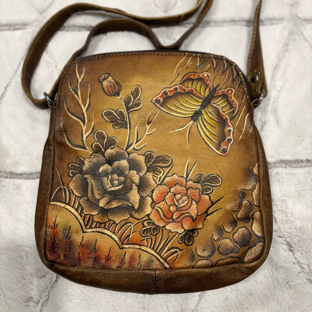 Biacci Handpainted Festival Leather Floral Butterfly Brown crossbody Handbag - Picture 2 of 8